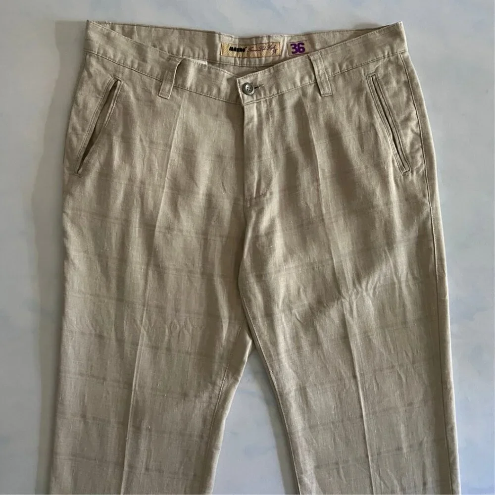 Mondo Men's Linen Beige Plaid Tapered Leg Pants